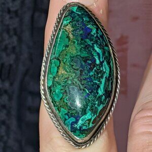 WOW Sz 7 NAVAJO Large Native American Azurite Malachite Sterling Silver Ring
